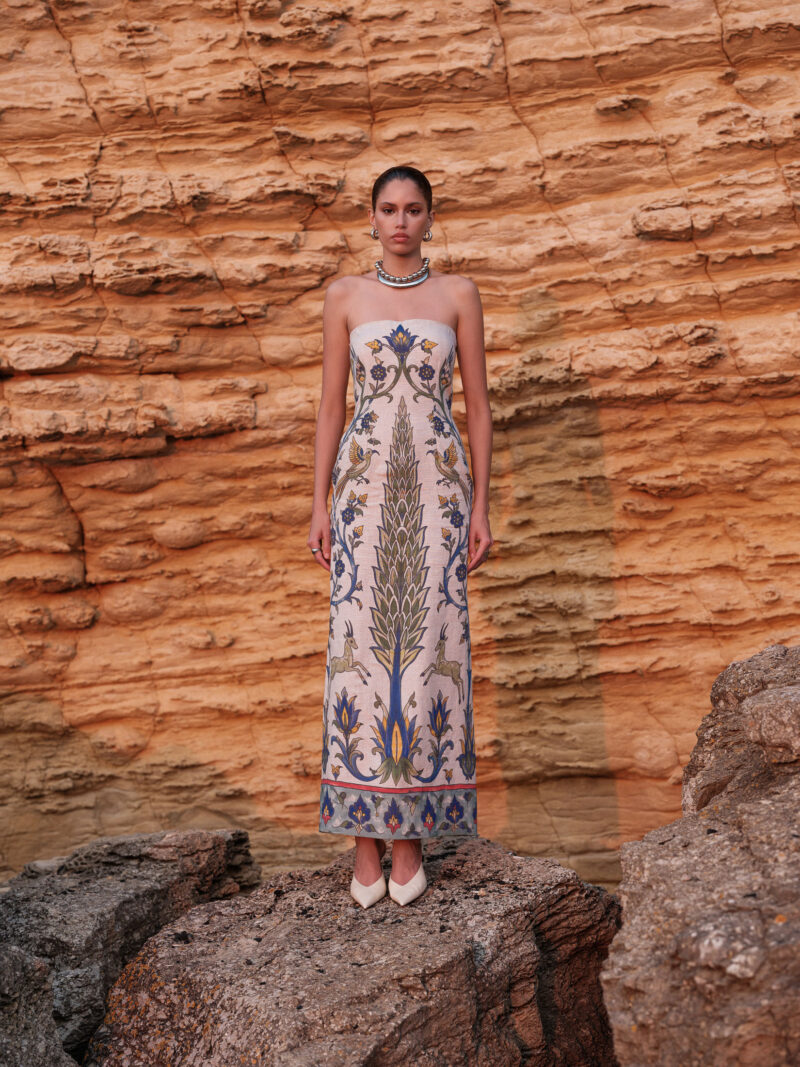 Full-length front view of Nana Gotti Yara strapless linen maxi dress featuring a fitted silhouette and intricate blue, green and yellow floral and wildlife print.