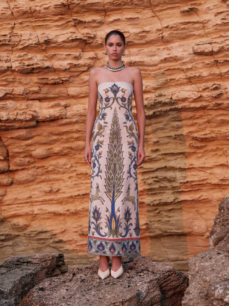 Yara Linen Print Strapless Maxi Dress by Nana Gotti featuring a blue and green İznik-inspired floral print, fitted silhouette, and maxi length.
