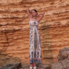 Yara Linen Print Strapless Maxi Dress by Nana Gotti featuring a blue and green İznik-inspired floral print, fitted silhouette, and maxi length.