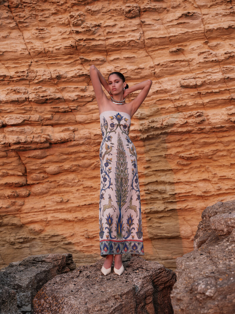 Yara Linen Print Strapless Maxi Dress by Nana Gotti featuring a blue and green İznik-inspired floral print, fitted silhouette, and maxi length.
