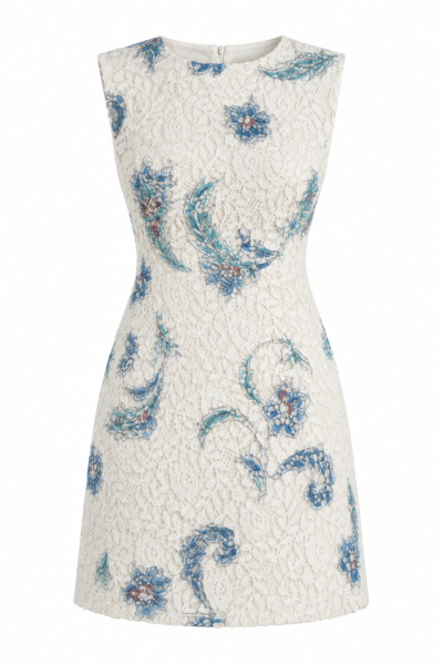 Nana Gotti Narin Floral Lace Mini Dress in ivory with blue and turquoise İznik-inspired floral motifs, round neckline, and fitted A-line silhouette.