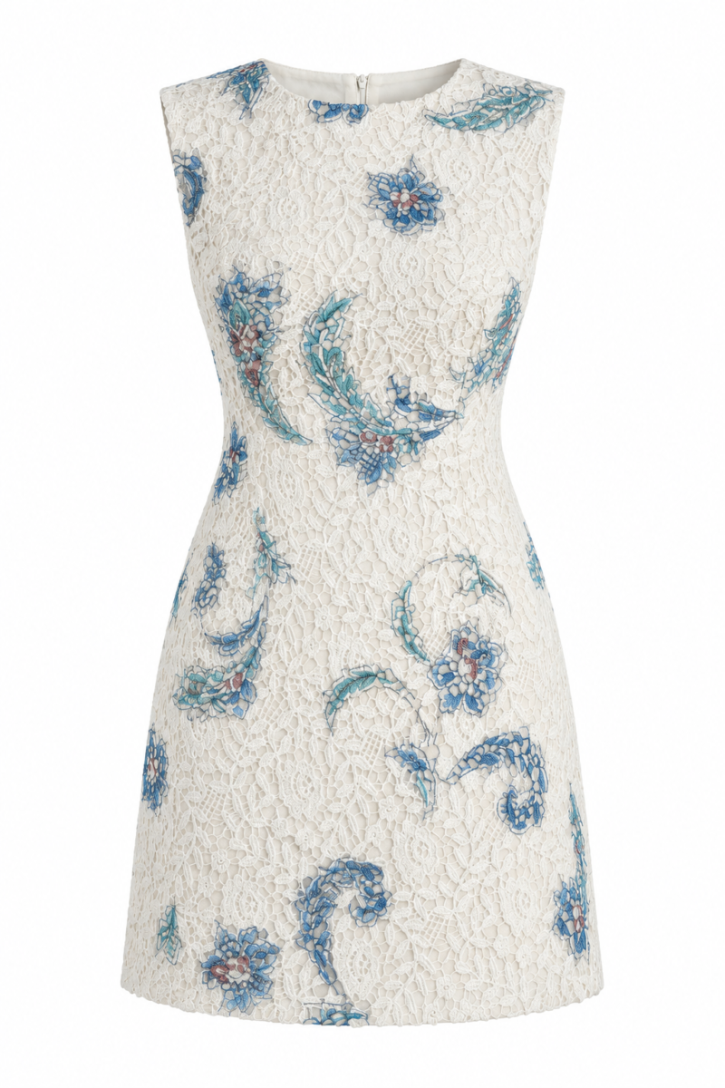 Nana Gotti Narin Floral Lace Mini Dress in ivory with blue and turquoise İznik-inspired floral motifs, round neckline, and fitted A-line silhouette.