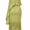 Back view of Nana Gotti Riva Olive Green Fringe Midi Dress featuring a fitted satin silhouette, concealed zipper, asymmetric draping, and cascading fringe hem.