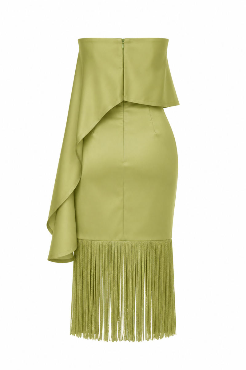 Back view of Nana Gotti Riva Olive Green Fringe Midi Dress featuring a fitted satin silhouette, concealed zipper, asymmetric draping, and cascading fringe hem.