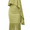 Riva Olive Green Crepe-Back Satin Fringe Midi Dress by Nana Gotti featuring a strapless neckline, asymmetric draped overlay, and long fringe hem, front view.