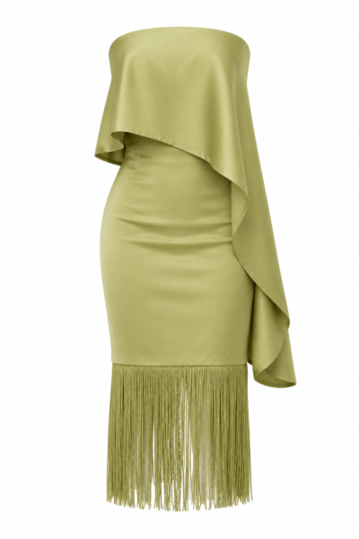 Riva Olive Green Crepe-Back Satin Fringe Midi Dress by Nana Gotti featuring a strapless neckline, asymmetric draped overlay, and long fringe hem, front view.