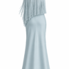 Back view of Nana Gotti Selin Crepe-Back Satin One-Shoulder Fringe Maxi Dress in powder blue, featuring cascading asymmetric fringe, a concealed back zipper, and a fitted mermaid silhouette with a flared floor-length hem.