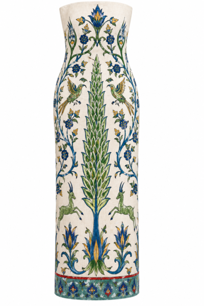 Yara Linen Print Strapless Maxi Dress by Nana Gotti in ivory linen with colorful İznik-inspired floral and bird motifs.