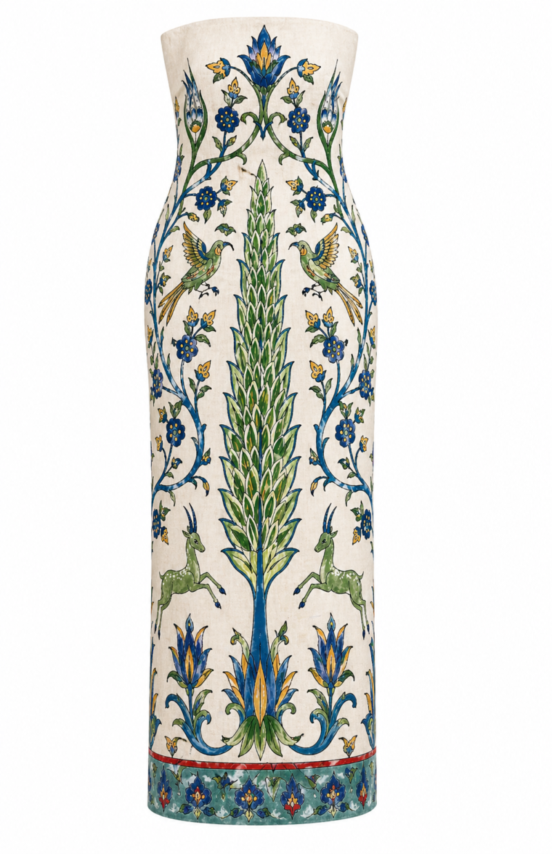 Yara Linen Print Strapless Maxi Dress by Nana Gotti featuring a blue and green İznik-inspired floral print, fitted silhouette, and maxi length.