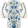Lalezar Printed Crepe Mini Dress by Nana Gotti in ivory with blue İznik-inspired floral motifs, strapless neckline and voluminous off-the-shoulder balloon sleeves.