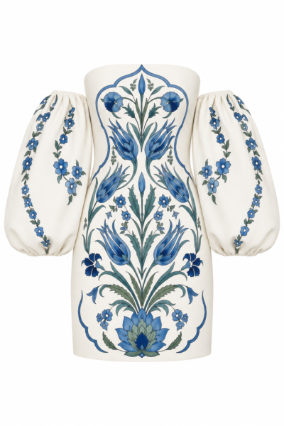 Lalezar Printed Crepe Mini Dress by Nana Gotti in ivory with blue İznik-inspired floral motifs, strapless neckline and voluminous off-the-shoulder balloon sleeves.