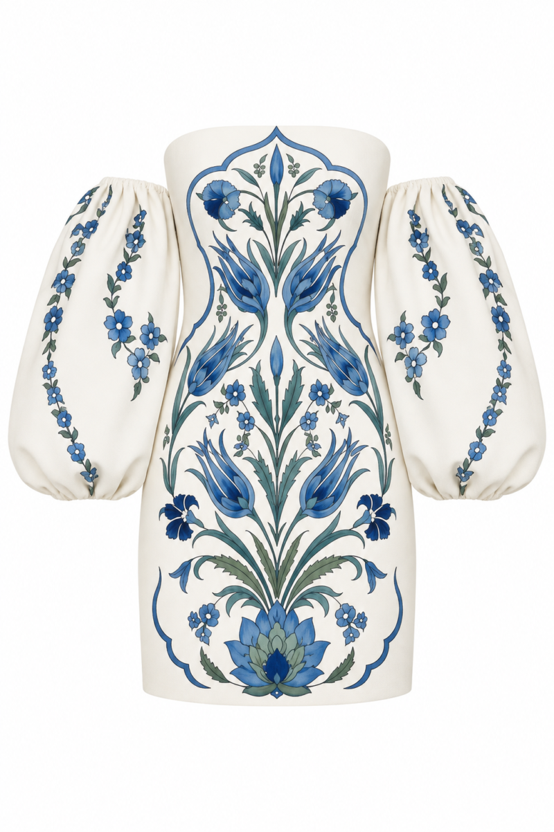 Lalezar Printed Crepe Mini Dress by Nana Gotti in ivory with blue İznik-inspired floral motifs, strapless neckline and voluminous off-the-shoulder balloon sleeves.